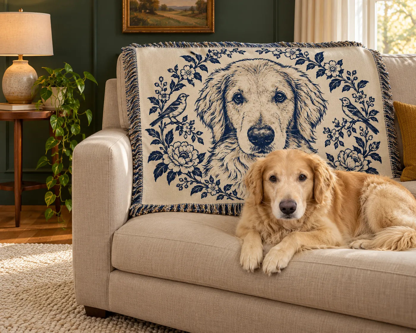 Illustrative scene: a woven Toile throw with a golden retriever portrait draped over a linen sofa, a golden retriever lying in front of it