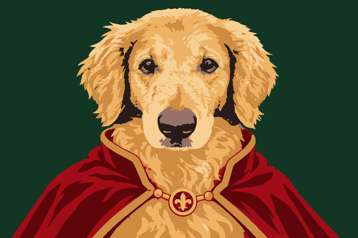 Royal Portrait style example: a golden retriever in a red velvet cape with a gold medal (digital preview)