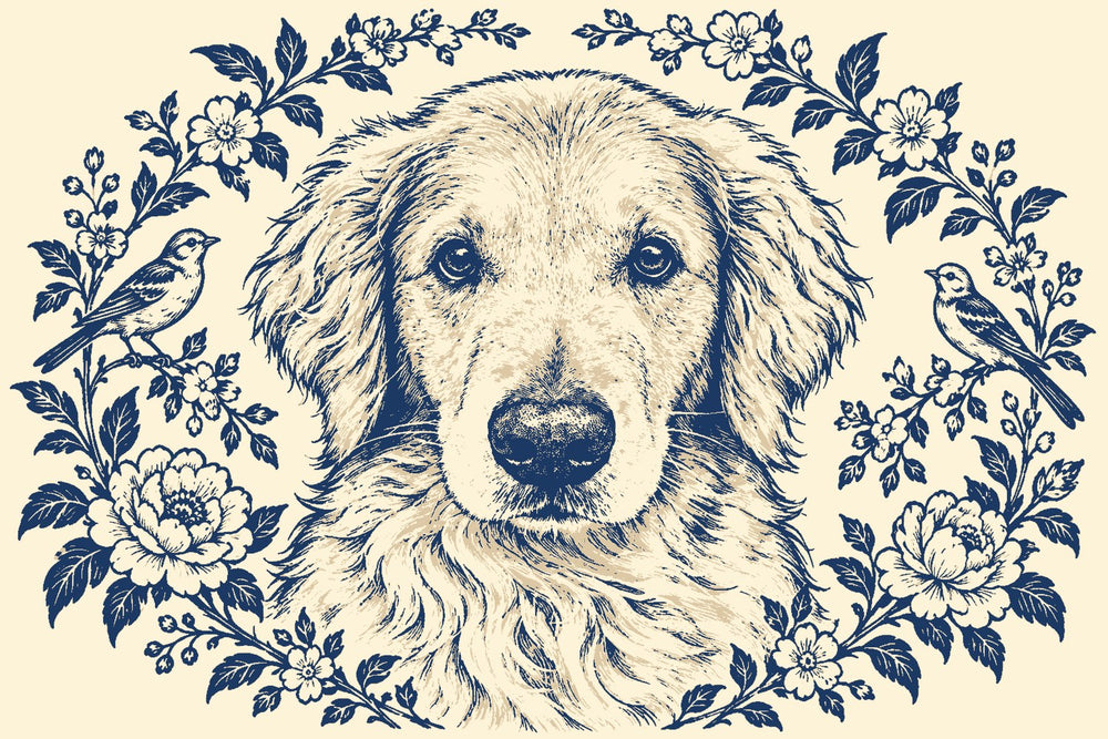Toile style example: a golden retriever portrait in navy on cream, framed by flowers and birds (digital preview)
