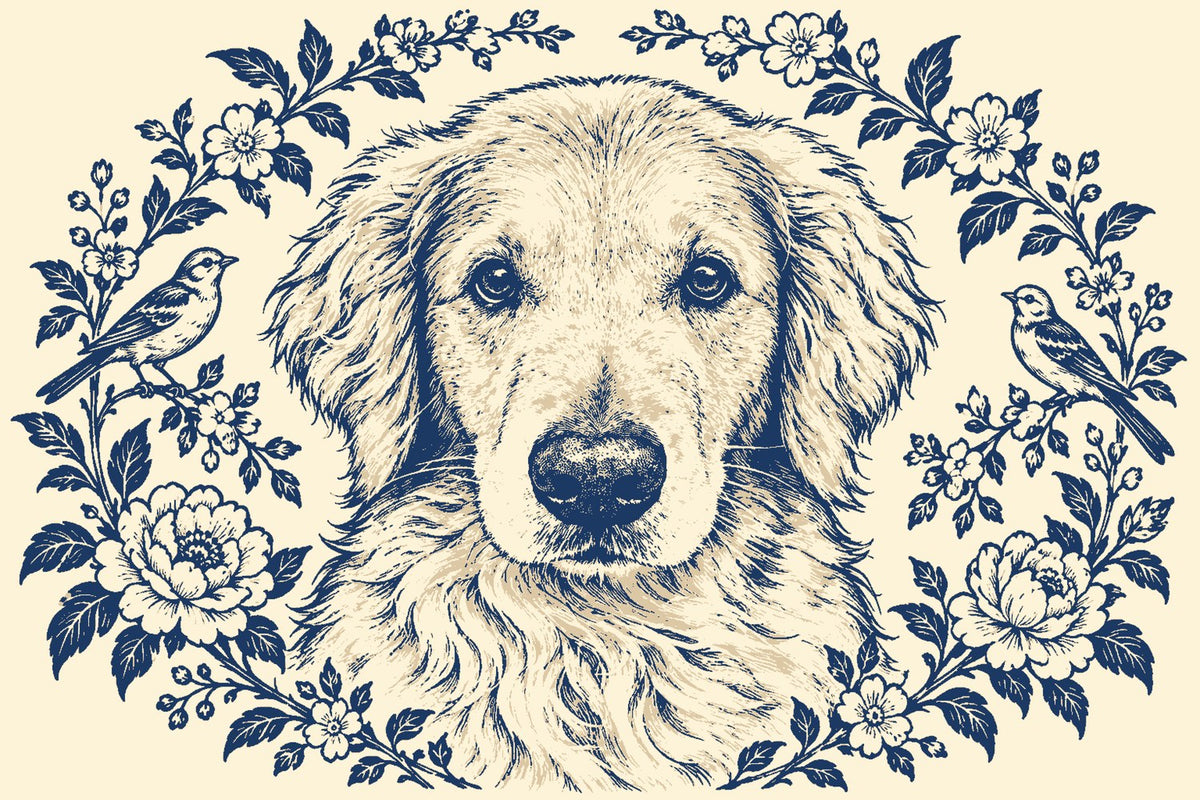 Toile style example: a golden retriever portrait in navy on cream, framed by flowers and birds (digital preview)