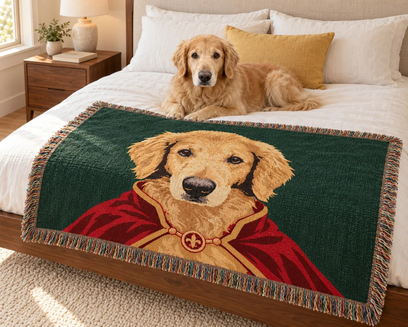 Illustrative scene: the Royal Portrait throw across the foot of a made bed, the golden retriever resting by the pillows