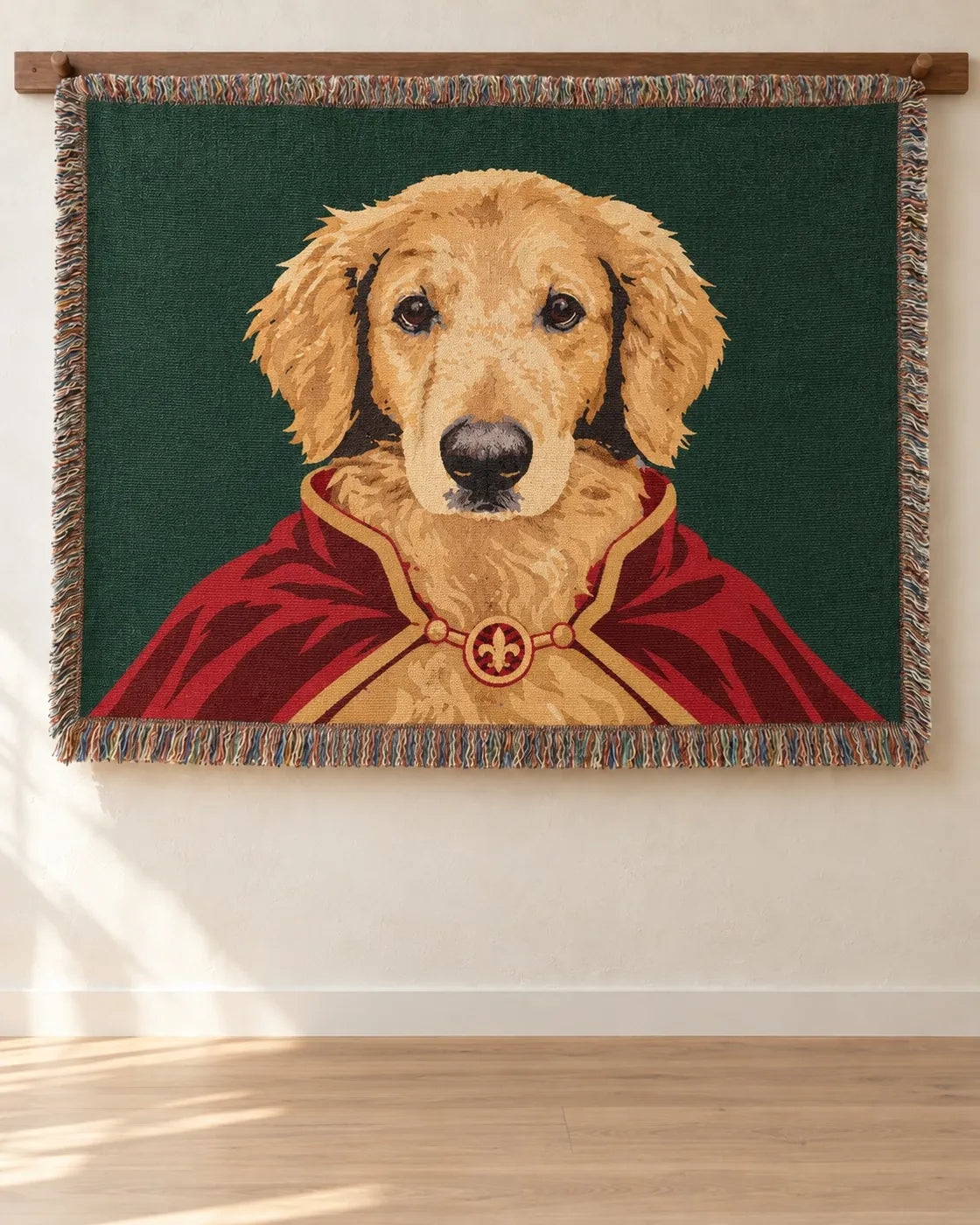 Illustrative scene: the Royal Portrait throw hung flat on a walnut rail, the golden retriever in a crimson cape on deep green