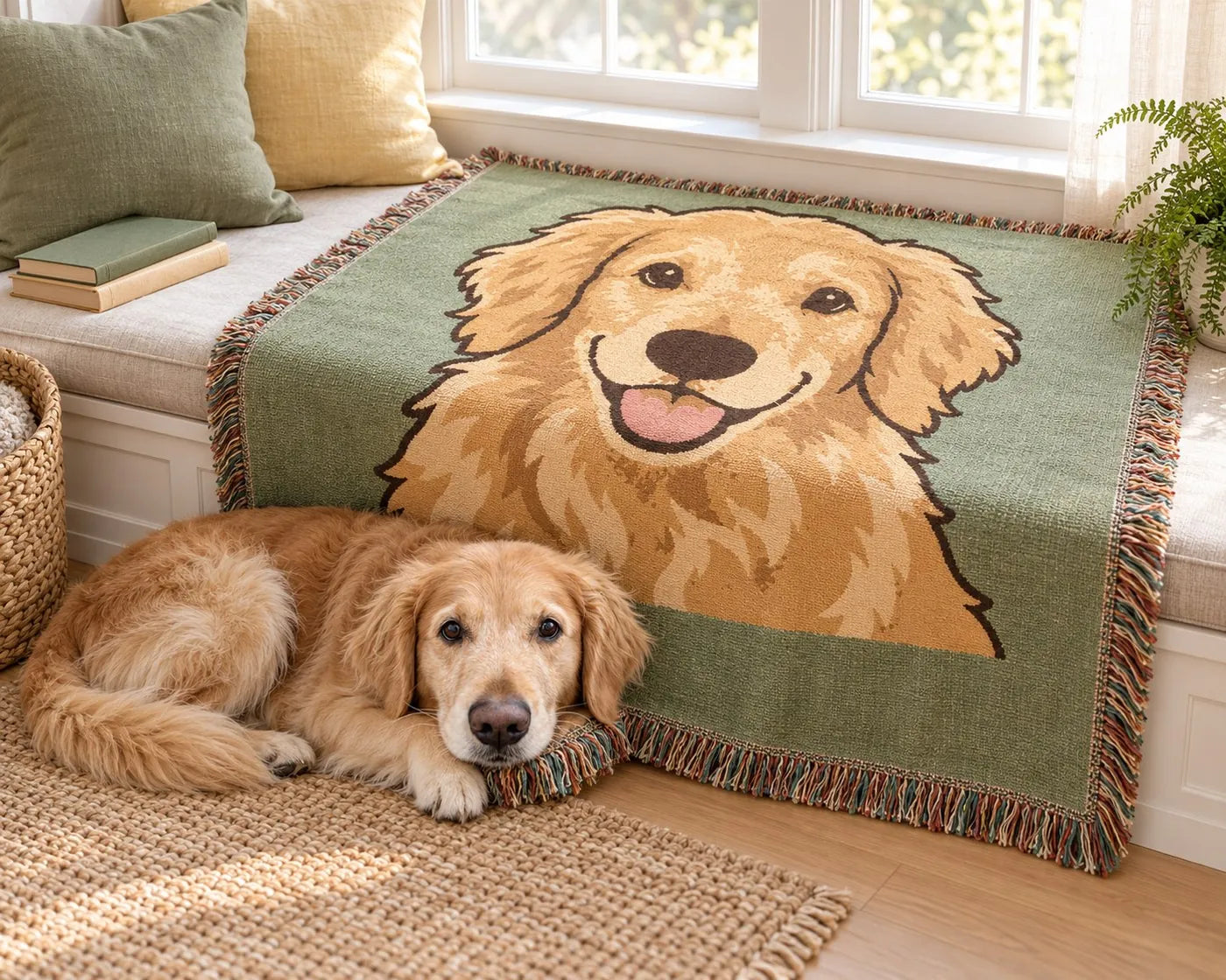 Illustrative scene: the Storybook throw on a window seat, the golden retriever lying on the rug beside it