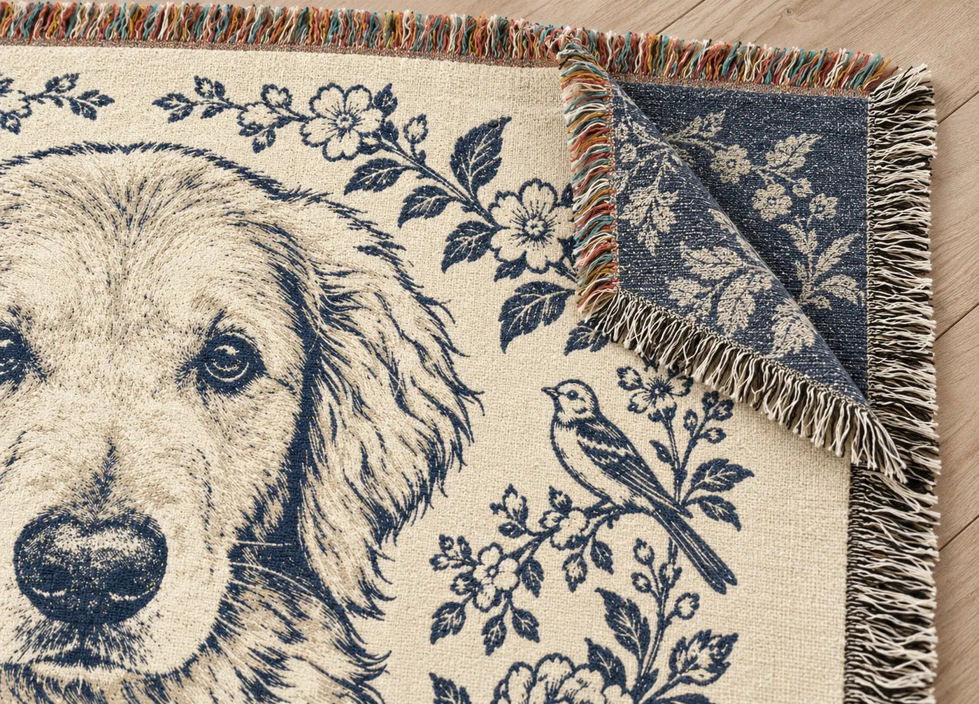 Illustrative image: a folded corner of the Toile throw, showing the woven face, the reverse and the fringe