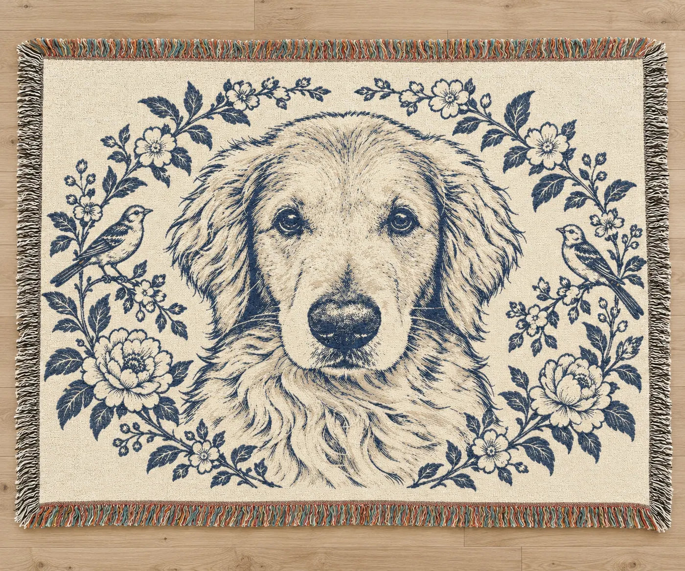Illustrative image: the Toile throw laid flat on a wooden floor, a golden retriever woven in navy on cream, with fringed edges
