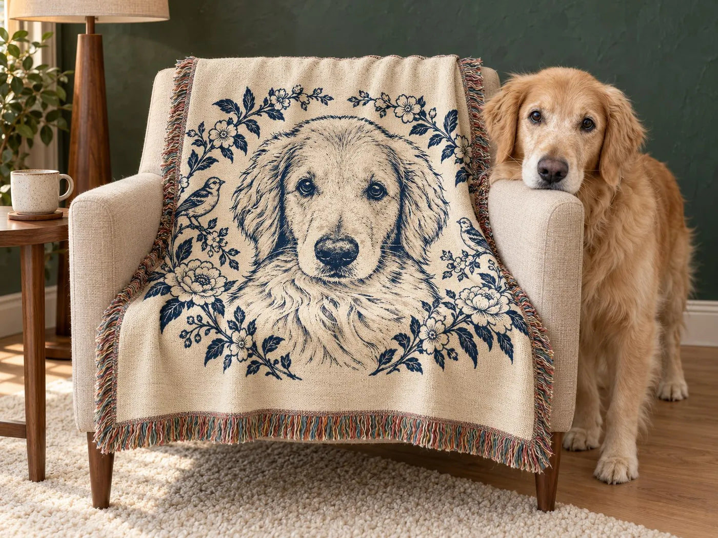 Illustrative scene: the smaller Toile Lap Throw draped over an armchair, the golden retriever resting its head on the arm