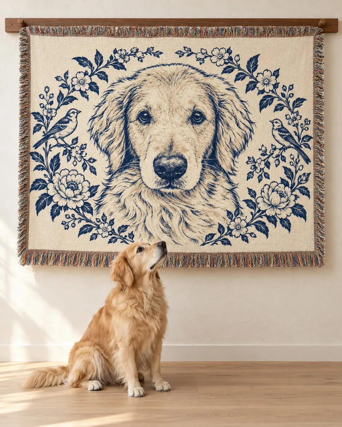 Illustrative scene: the Toile throw hung flat on a walnut rail, a golden retriever sitting below and looking up at it